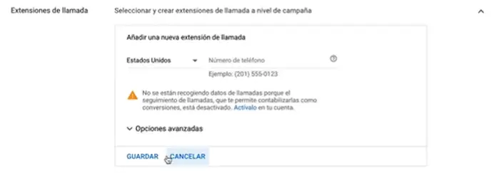 Extensiones de llamada en Google Ads