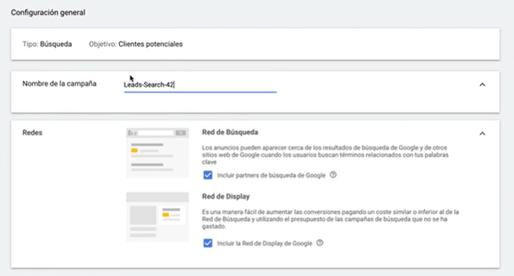 Configuración nombre de campaña y redes Google Ads