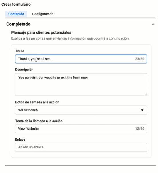 Apartado de Completado del Formulario de Generación de Clientes Potenciales