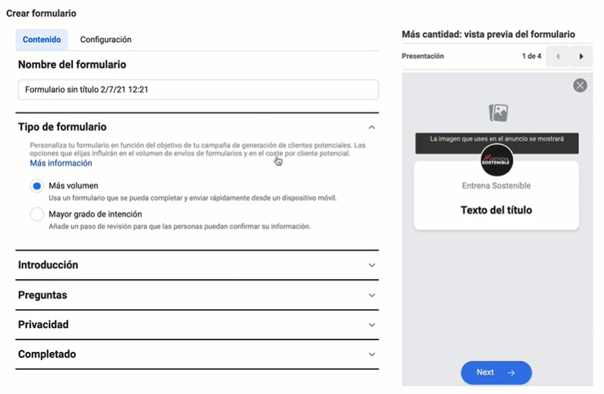 Crear formulario de campaña de generación de clientes potenciales